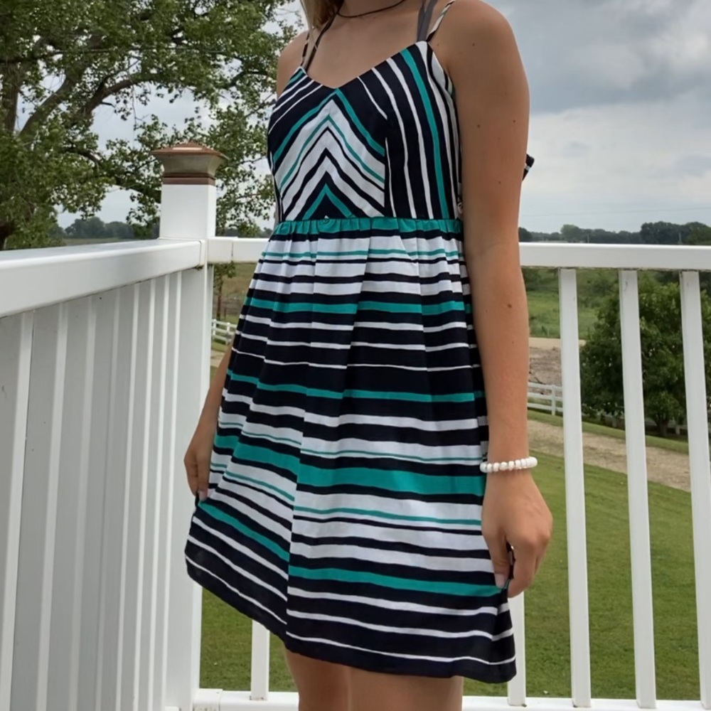 blue and white striped dress